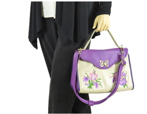 Embroidered Irises  Purple and Beige Leather Purse model view