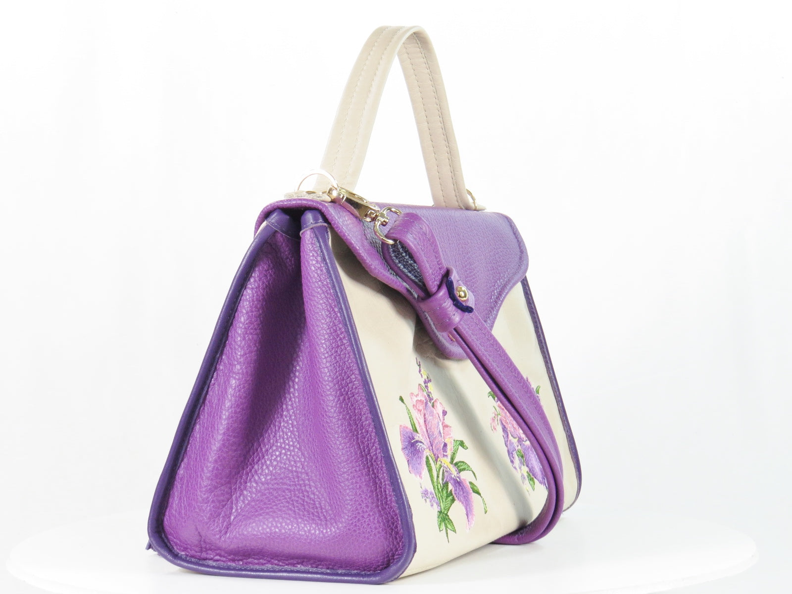 Embroidered Irises  Purple and Beige Leather Purse side view