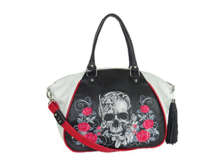 Embroidered Leather Skull and Roses Satchel