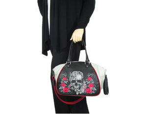 Embroidered Leather Skull and Roses Satchel hand model