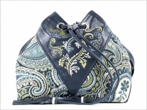 Embroidered Navy Blue Leather and Paisley Tapestry Bucket Bag 3D view