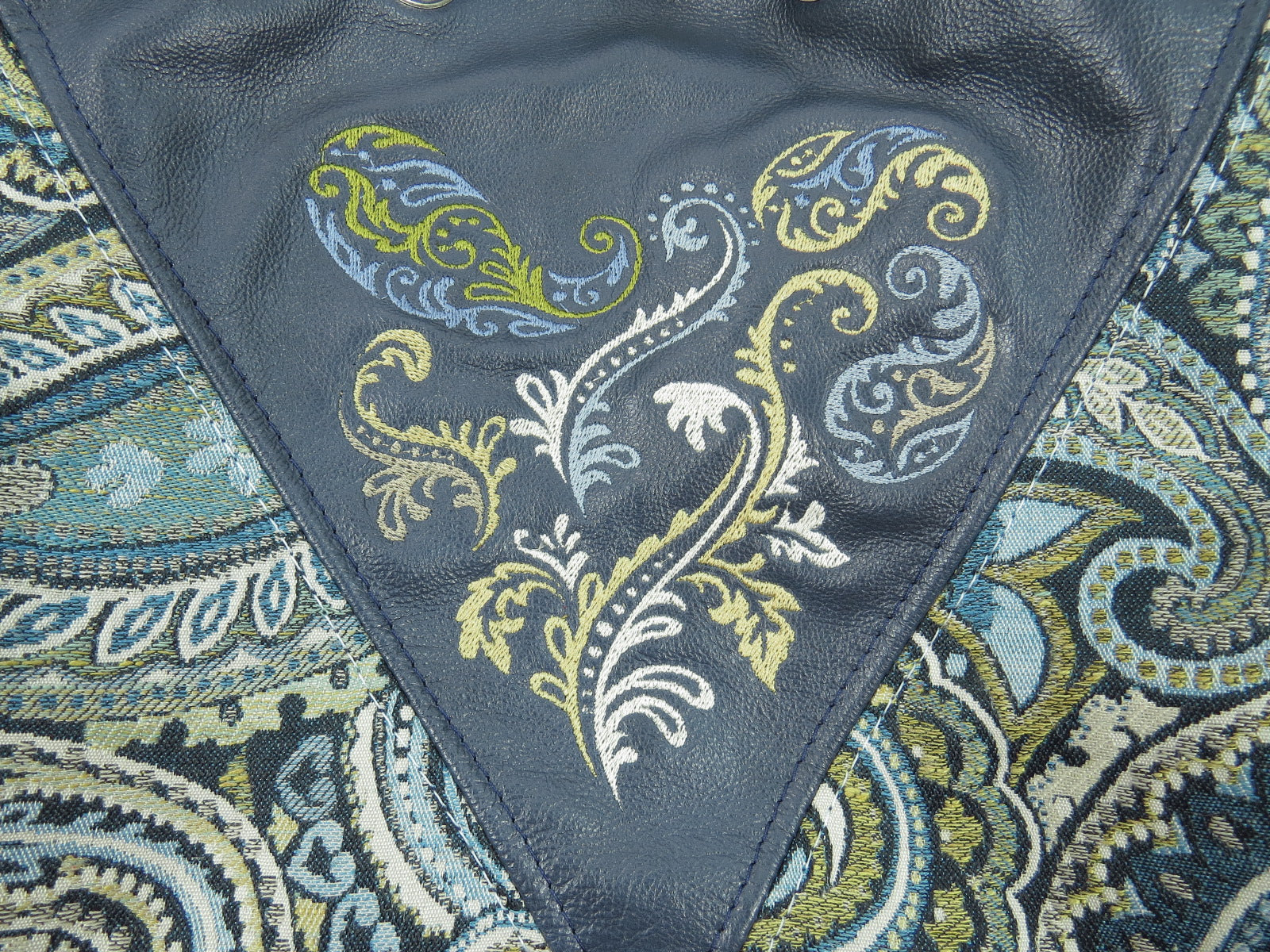 Embroidered Navy Blue Leather and Paisley Tapestry Bucket Bag embroidery close-up