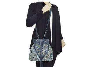 Embroidered Navy Blue Leather and Paisley Tapestry Bucket Bag modeled