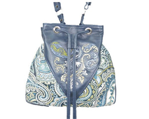 Embroidered Navy Blue Leather and Paisley Tapestry Bucket Bag shape
