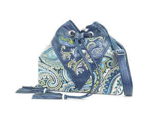 Embroidered Navy Blue Leather and Paisley Tapestry Bucket Bag view one