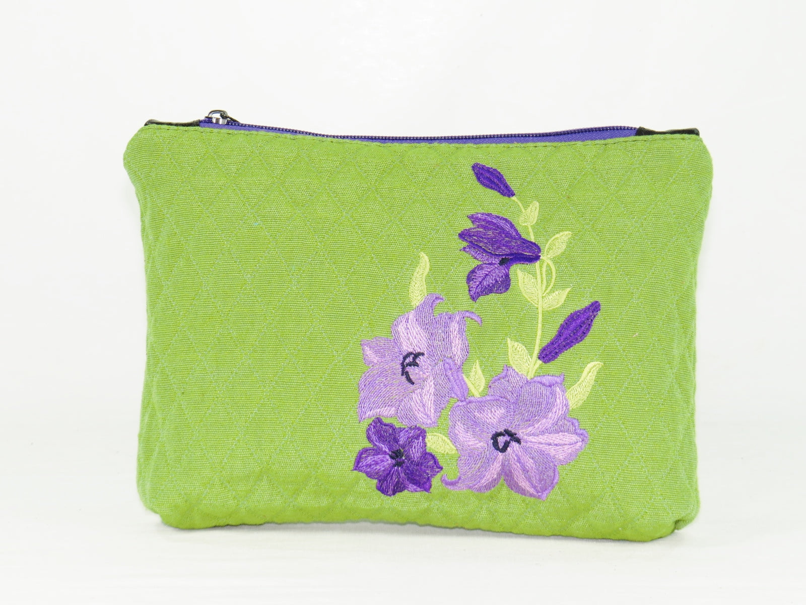 Embroidered Purple Flowers on Green Zipper Pouch
