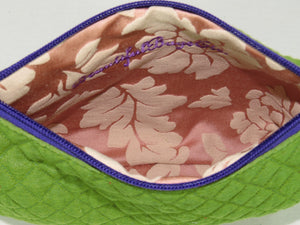 Embroidered Purple Flowers on Green Zipper Pouch lining