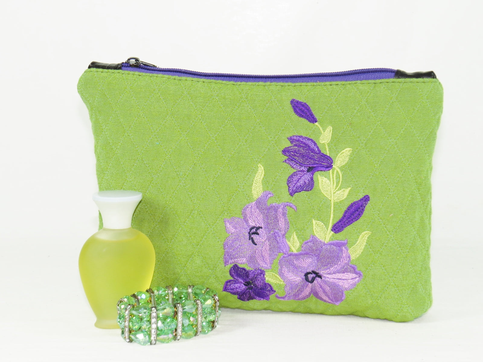 Embroidered Purple Flowers on Green Zipper Pouch vignette