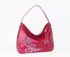 Embroidered Red Leather Slouchy Hobo