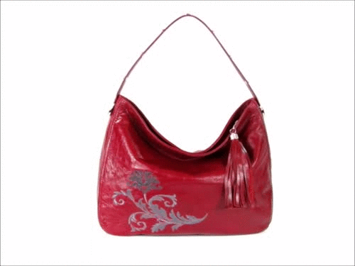 Embroidered Red Leather Slouchy Hobo 3D view