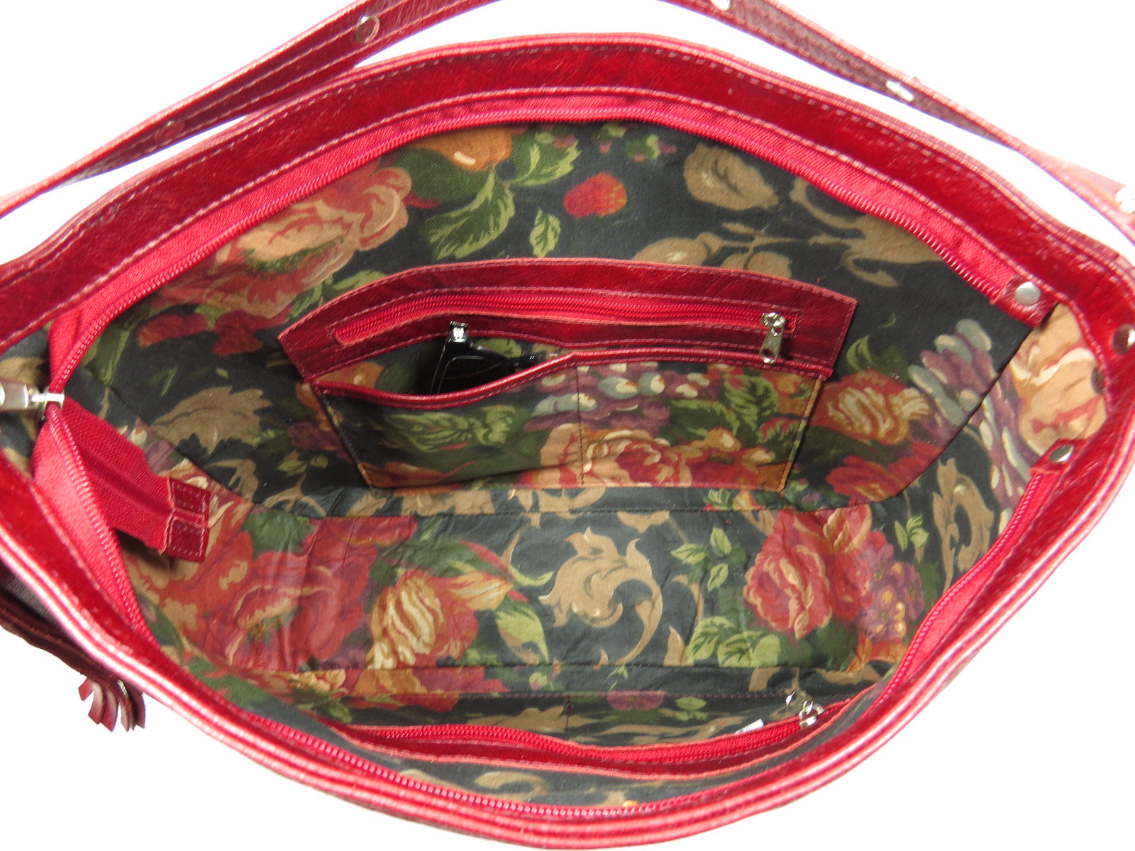 Embroidered Red Leather Slouchy Hobo interior view