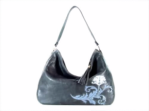 Embroidered Slate Gray Leather Slouchy Hobo 3D view