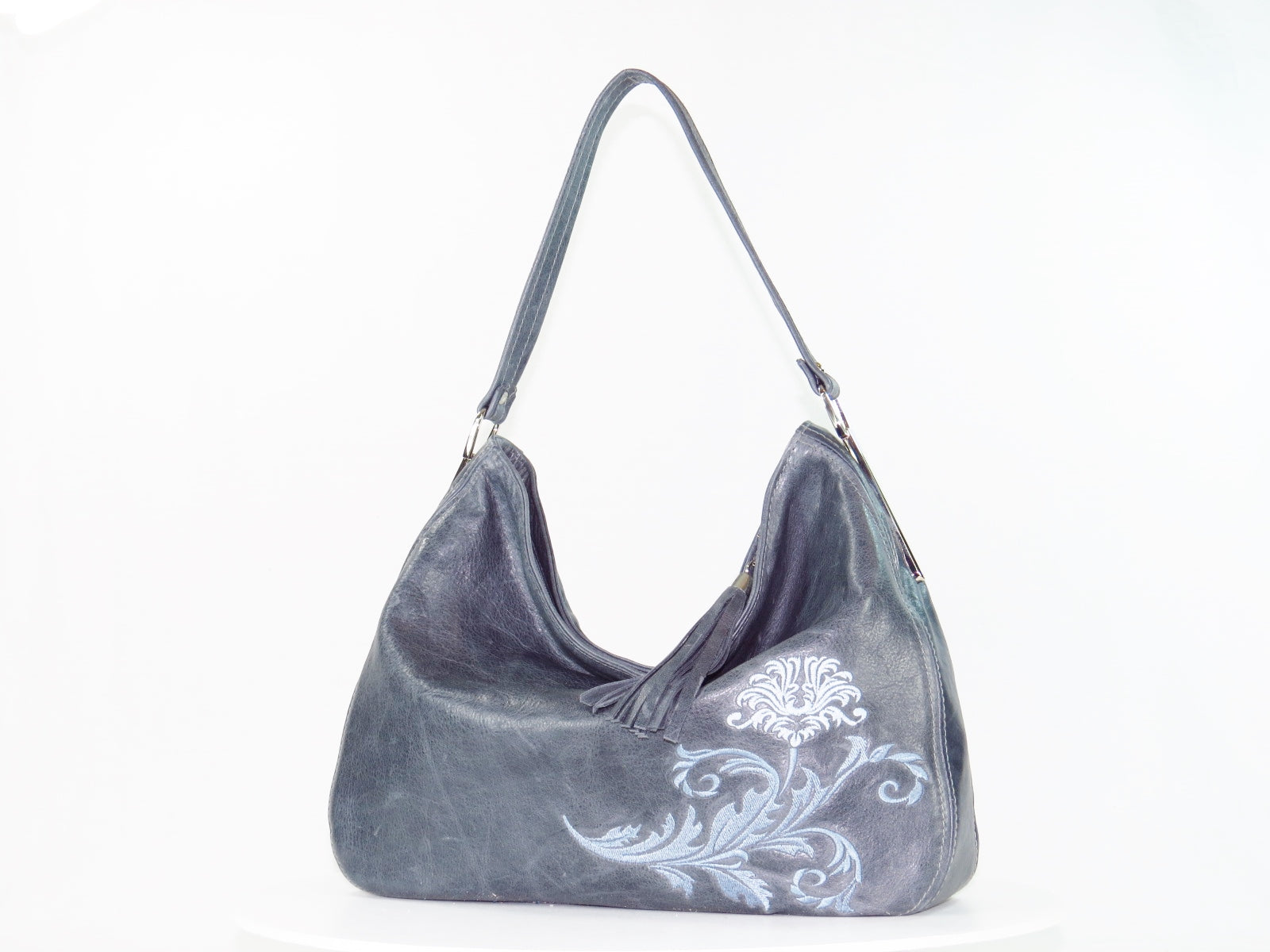 Embroidered Slate Gray Leather Slouchy Hobo Handbag