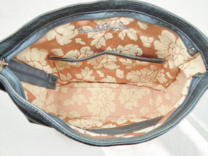 Embroidered Slate Gray Leather Slouchy Hobo Handbag Interior