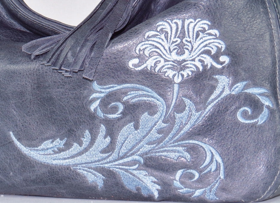 Embroidered Slate Gray Leather Slouchy Hobo Handbag embroidery close-up