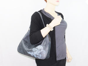Embroidered Slate Gray Leather Slouchy Hobo Handbag model view