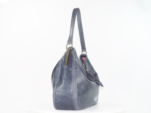 Embroidered Slate Gray Leather Slouchy Hobo Handbag side view