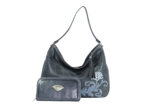 Embroidered Slate Gray Leather Slouchy Hobo with companion wallet