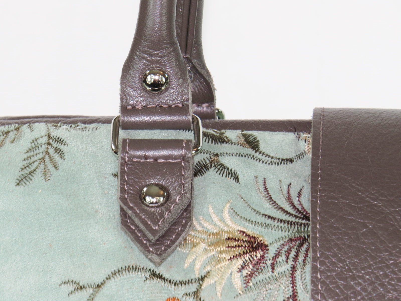 Embroidered Suede and Genuine Leather Weekender Carpet Bag strap details