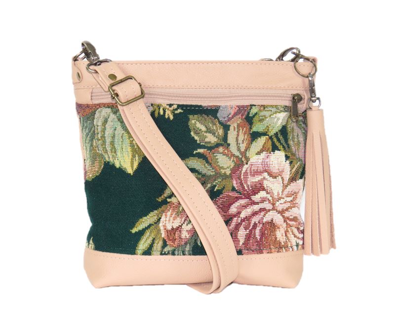 Emerald Garden Leather and Tapestry Crossbody Handbag