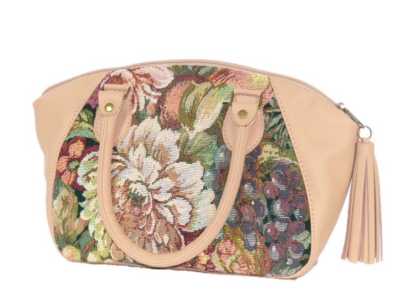 Emerald Garden Leather and Tapestry Satchel Handbag handles down view