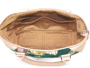 Emerald Garden Leather and Tapestry Satchel Handbag interior slip pockets view