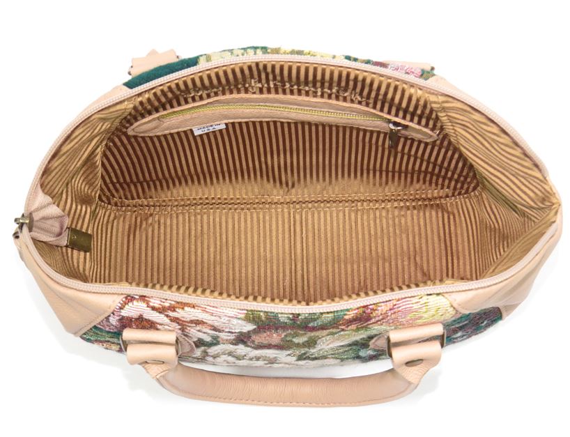 Emerald Garden Leather and Tapestry Satchel Handbag interior zipper pocket view