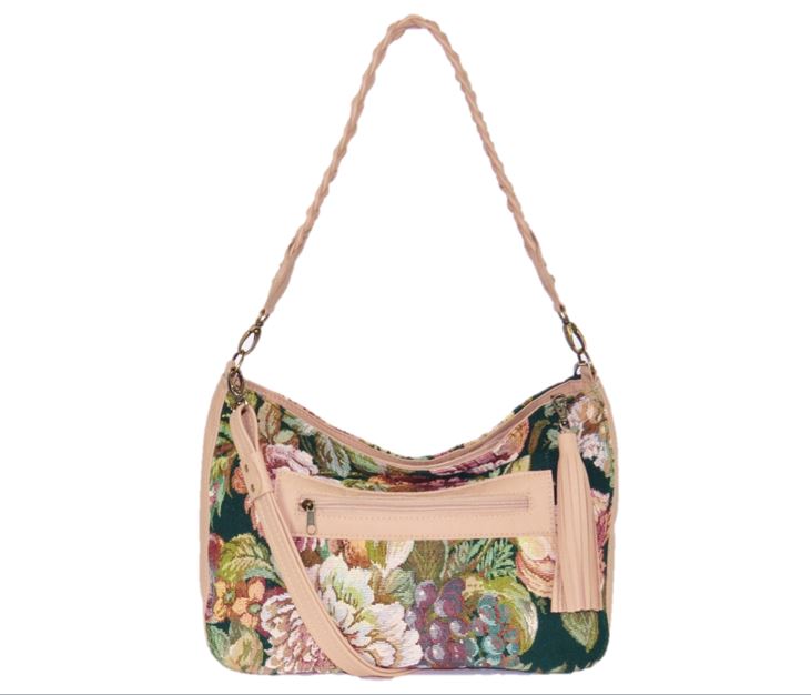 Emerald Garden Leather and Tapestry Slouchy Hobo Shoulder Bag