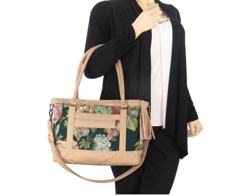 Emerald Garden Leather and Tapestry Tote back arm model view