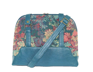Enchanted Forest Leather and Tapestry Bowler Bag crossbody strap view