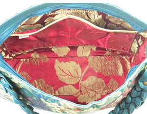 Enchanted Forest Leather and Tapestry Slouchy Hobo interior pockets view