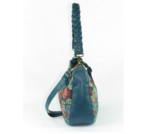Enchanted Forest Leather and Tapestry Slouchy Hobo side view