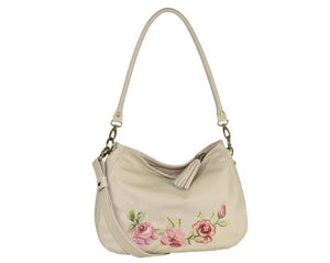 Faded Roses Beige Leather Slouchy Hobo Bag 