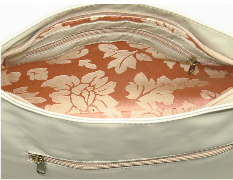 Faded Roses Beige Leather Slouchy Hobo Bag interior zipper pocket view