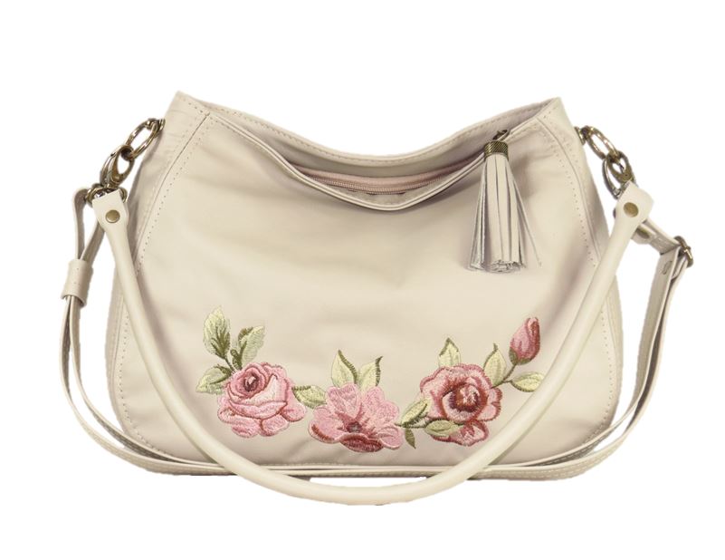 Faded Roses Beige Leather Slouchy Hobo Bag relaxed handle view