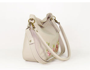 Faded Roses Beige Leather Slouchy Hobo Bag side view