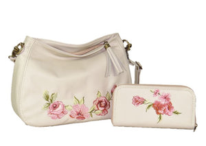Faded Roses Beige Leather wallet with matching slouchy hobo