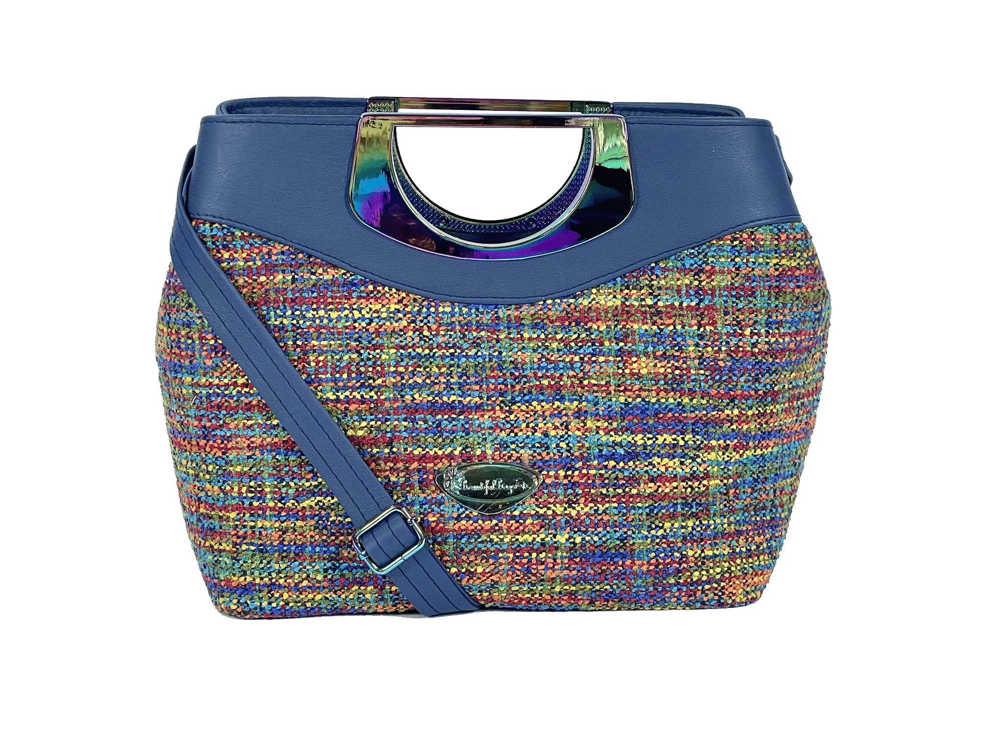 Fifth Avenue Rainbow Tweed and Navy Leather - BeautifulBagsEtc