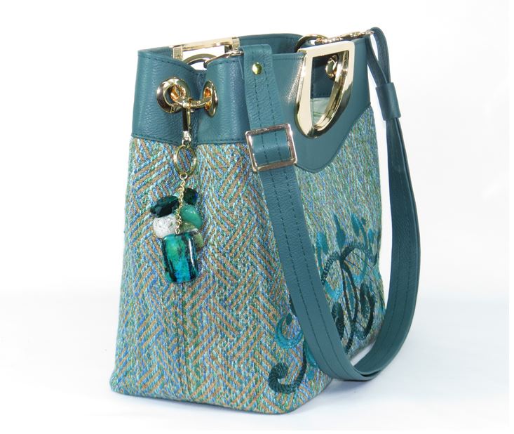 Fifth Avenue Green Tweed and Leather Handbag side view