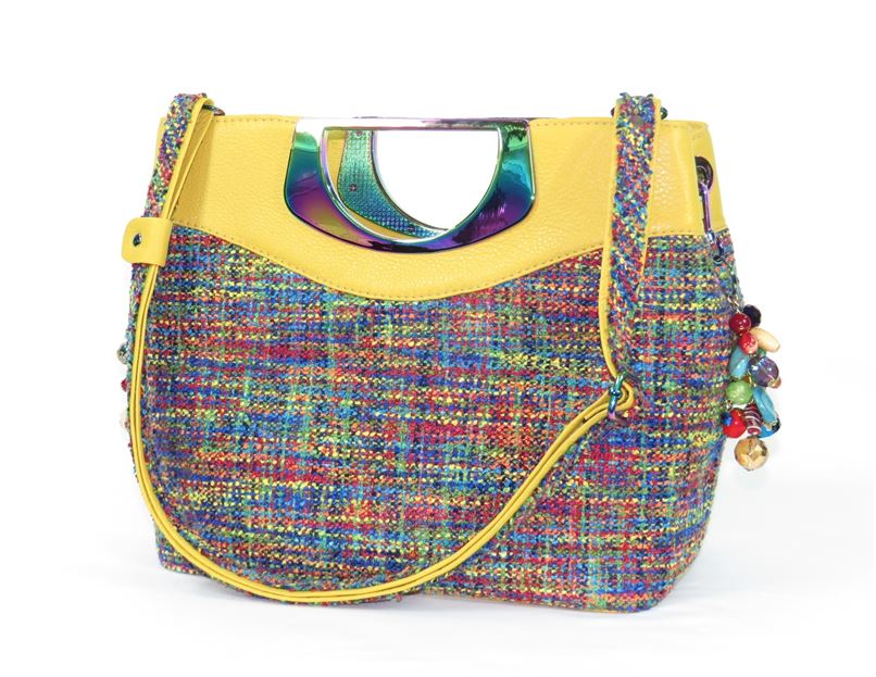 Fifth Avenue Yellow Leather and Rainbow Tweed Handbag