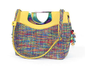 Fifth Avenue Yellow Leather and Rainbow Tweed Handbag