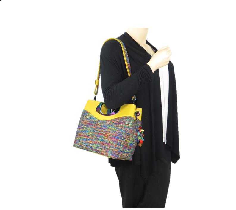 Fifth Avenue Yellow Leather and Rainbow Tweed Handbag model view