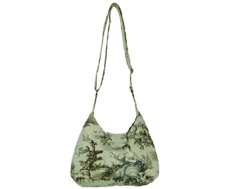 French Country Mint Toile Boho Crossbody Bag full strap view