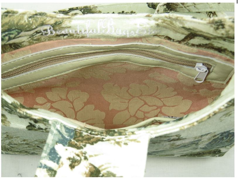 French Country Mint Toile Boho Crossbody Bag interior zipper pocket view