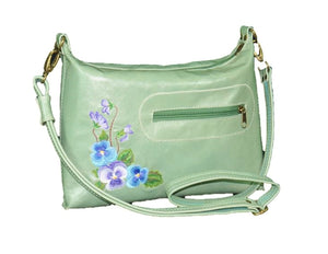 Genuine Leather Embroidered Pansies Cross Body Messenger Bag.JPG front view