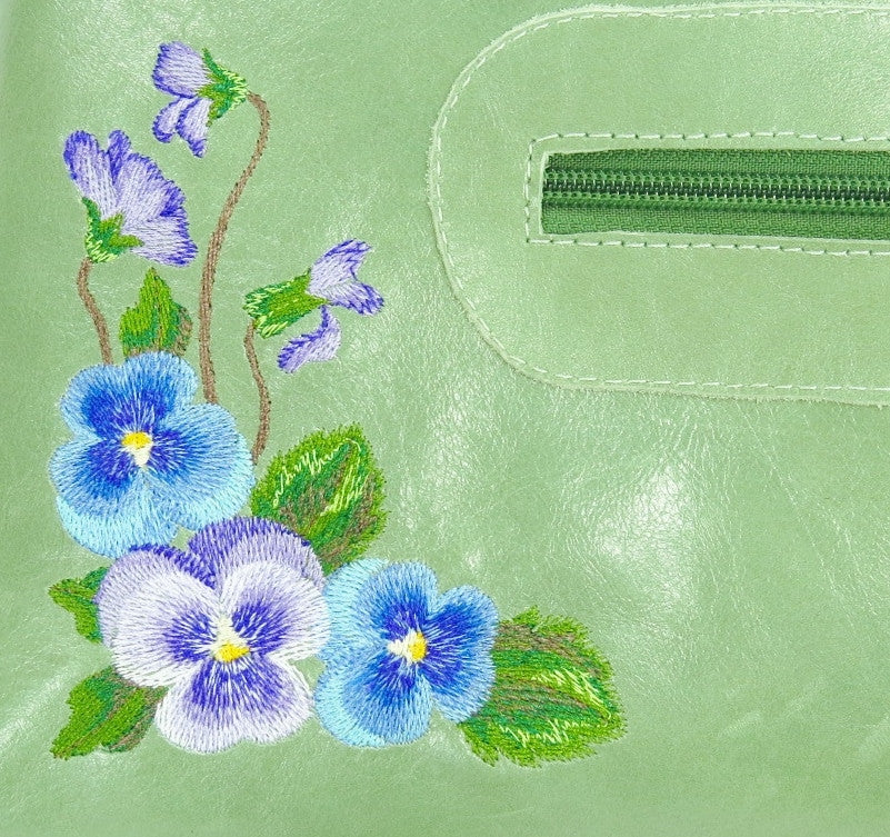 Genuine Leather Embroidered Pansies Cross Body Messenger Bag pansies embroidery