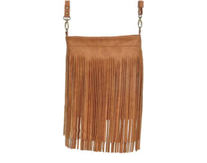 Golden Brown Leather Cross Body Fringe Bag hanging view