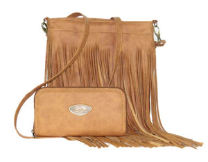 Golden Brown Leather Cross Body Fringe Bag with companion wallet