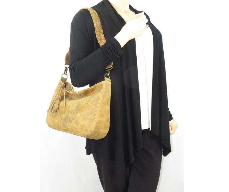 Golden Tan Distressed Leather Slouchy Hobo Bag model view
