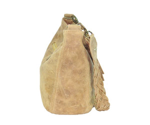 Golden Tan Distressed Leather Slouchy Hobo Bag side view